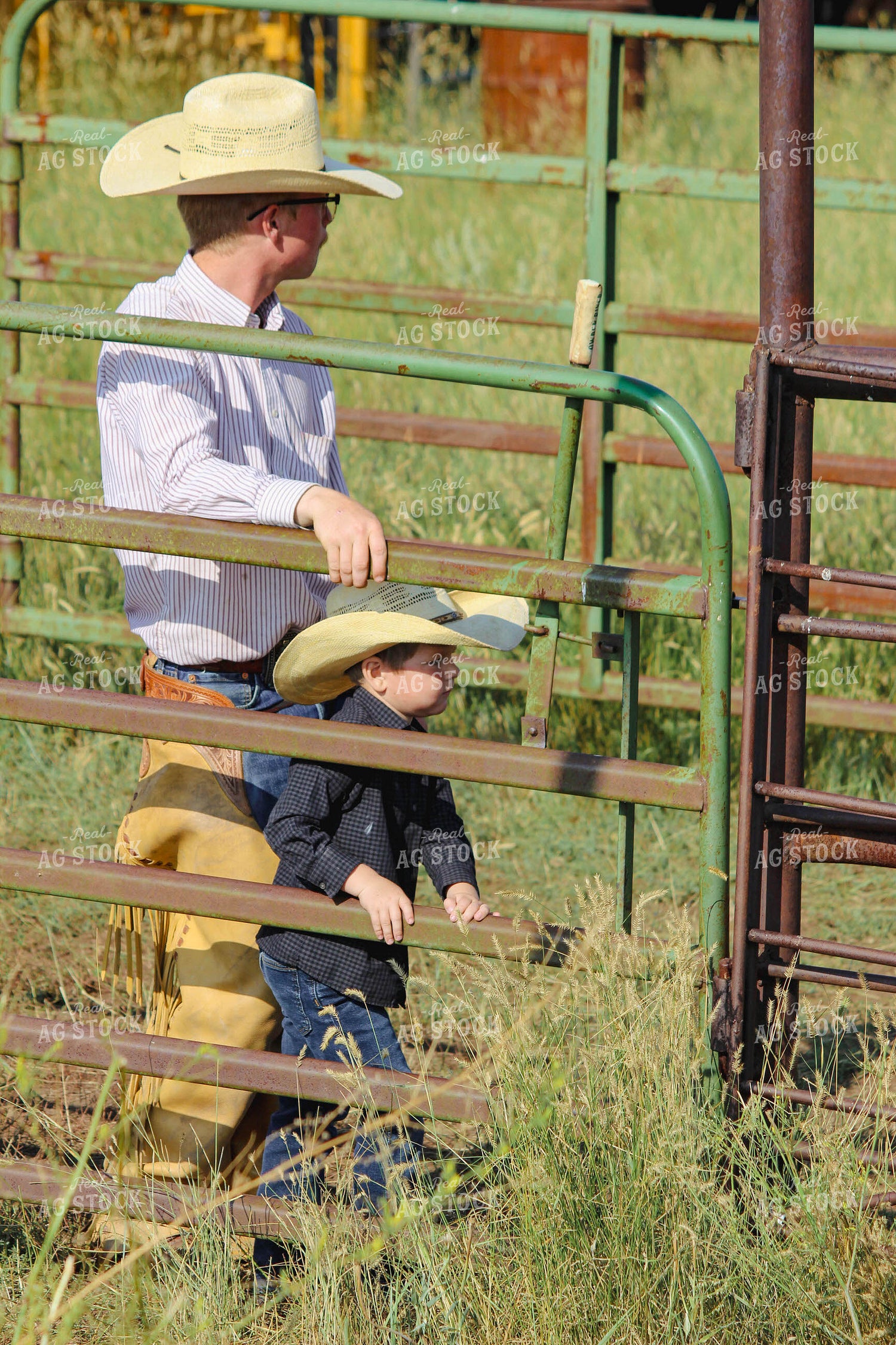 Rancher and Son Leaning on Fence 63083