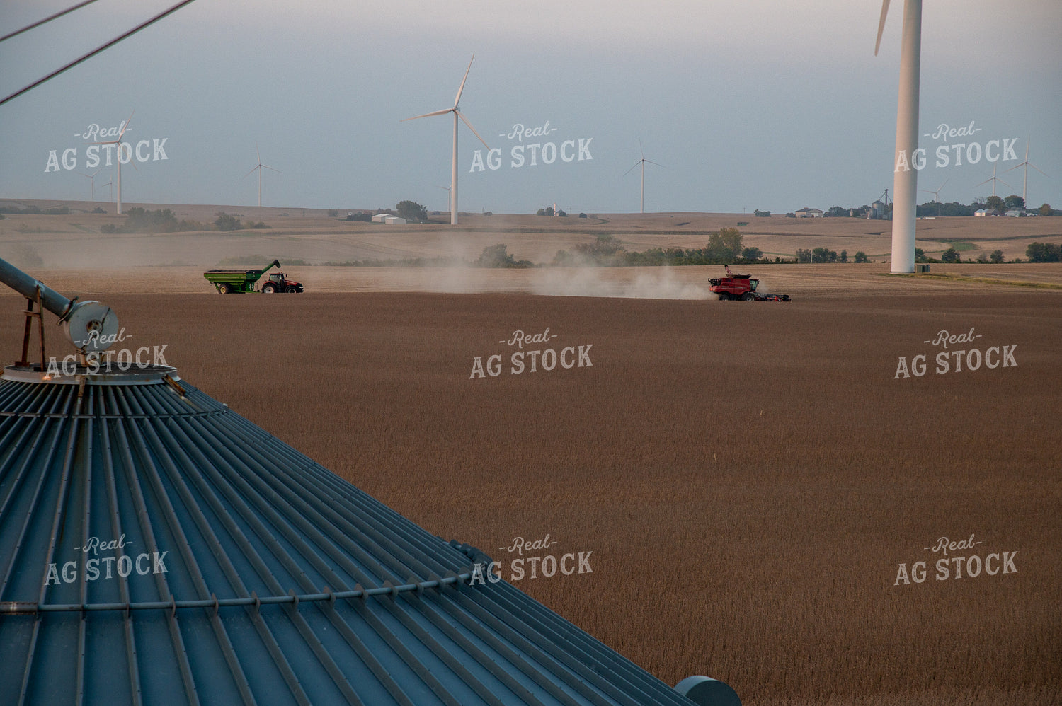 Overhead View of Combine Harvesting Soybeans from Top of Grain Bin 25793