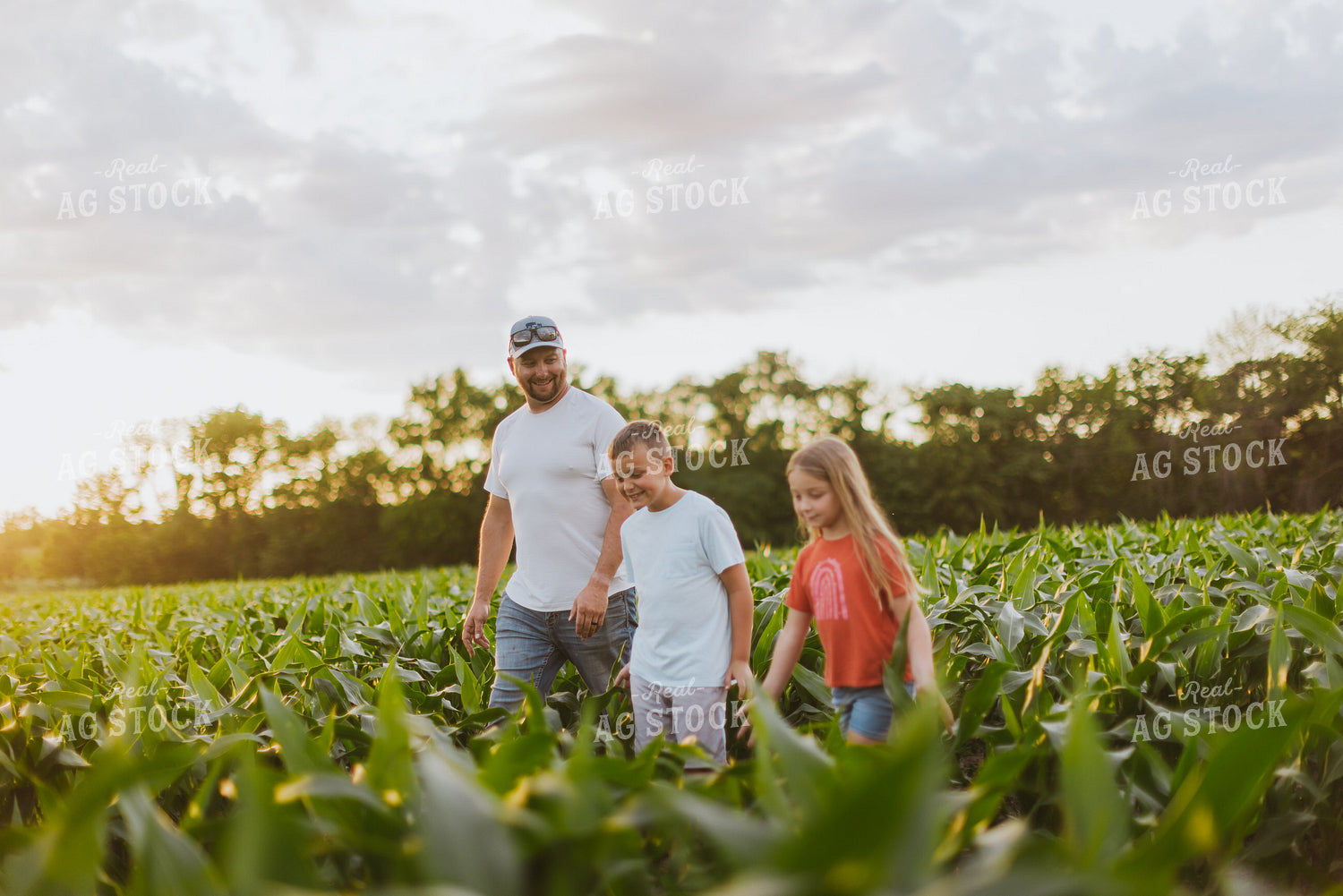 Farmer and Kids Checking Corn 8785