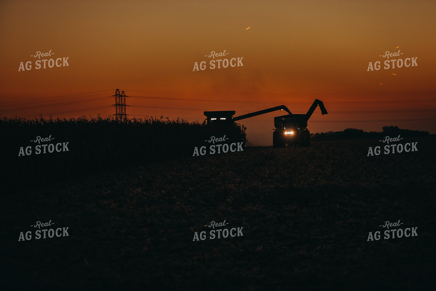 Combine and Auger Cart Harvesting Corn Field 5246