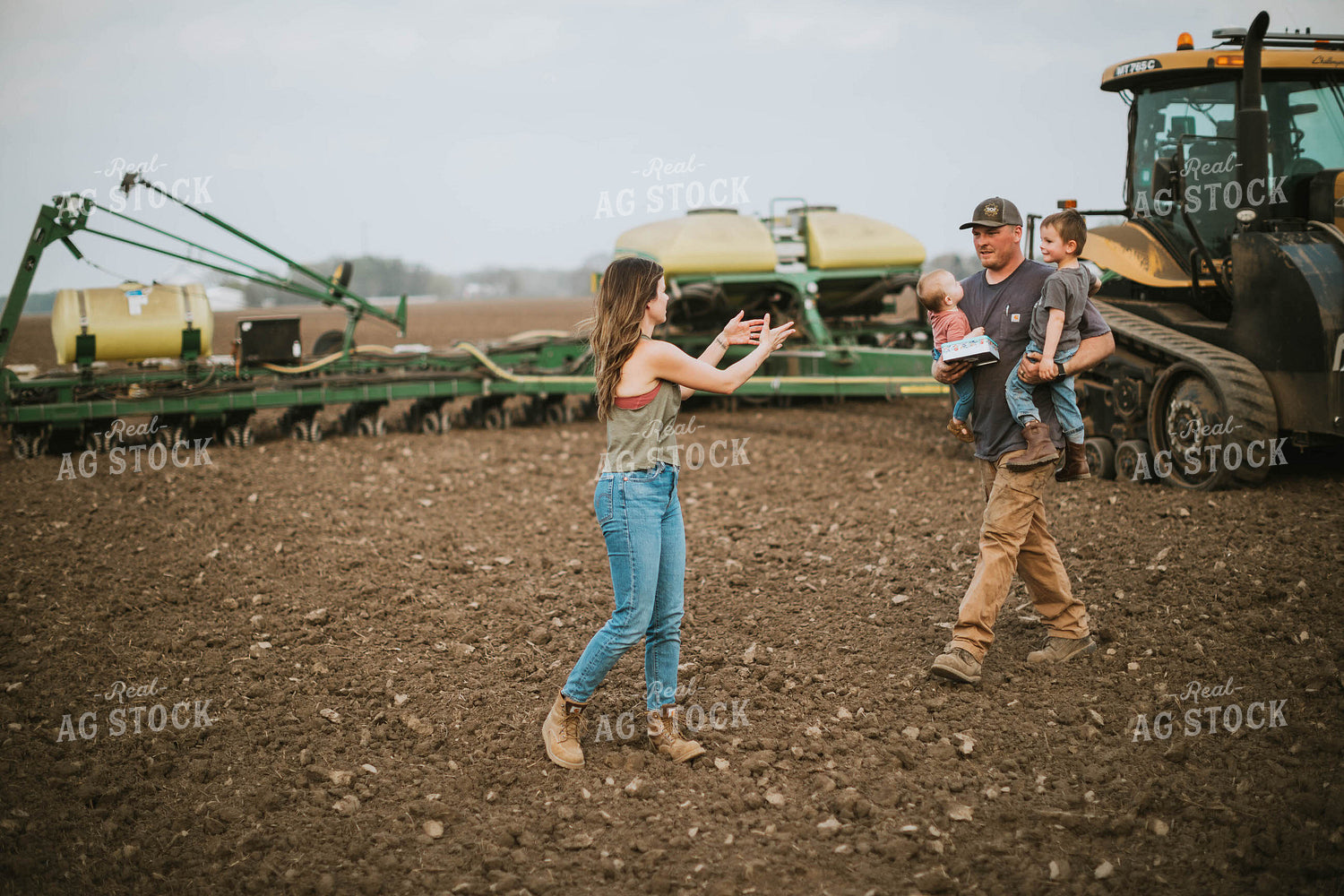 Farm Mom Taking Kids Out to Tractor During Planting 5646