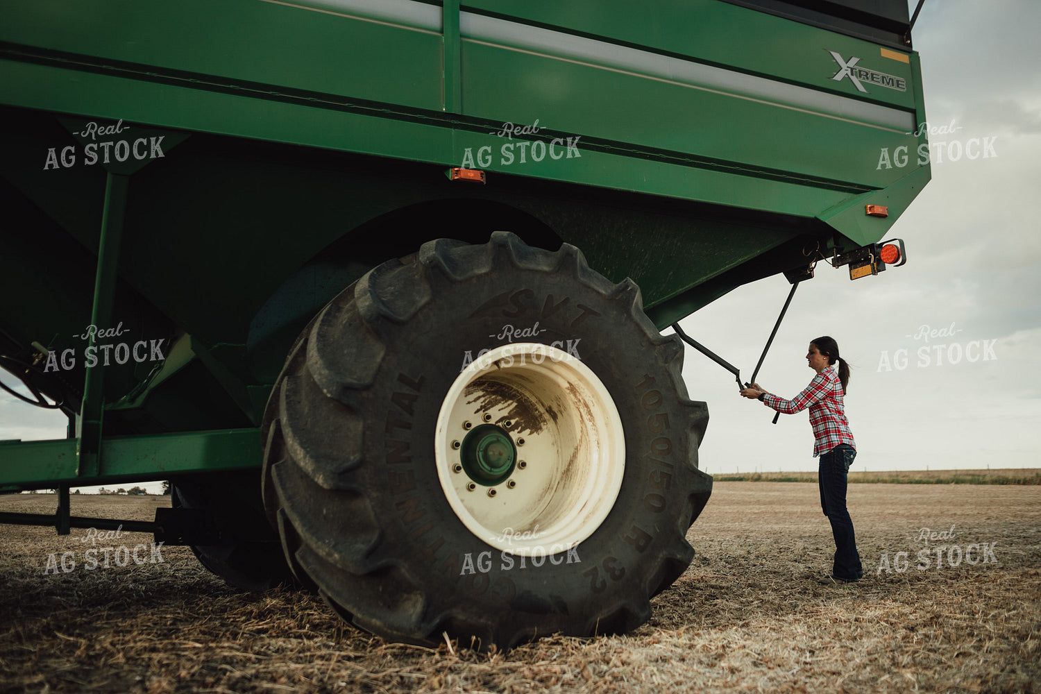 Female Farmer Tarping Grain Cart 3437