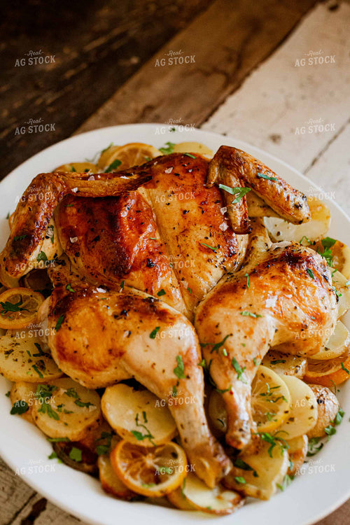 Roasted Whole Chicken on Bed of Potatoes 134028