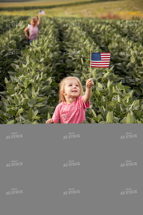 Farm Kids with American Flags in Soybean Field 67369
