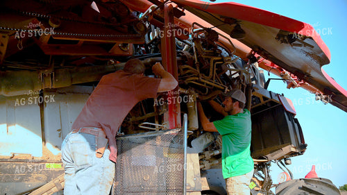 Multigenerational Farm Familiy Repairing Combine in a Bean Field 25510