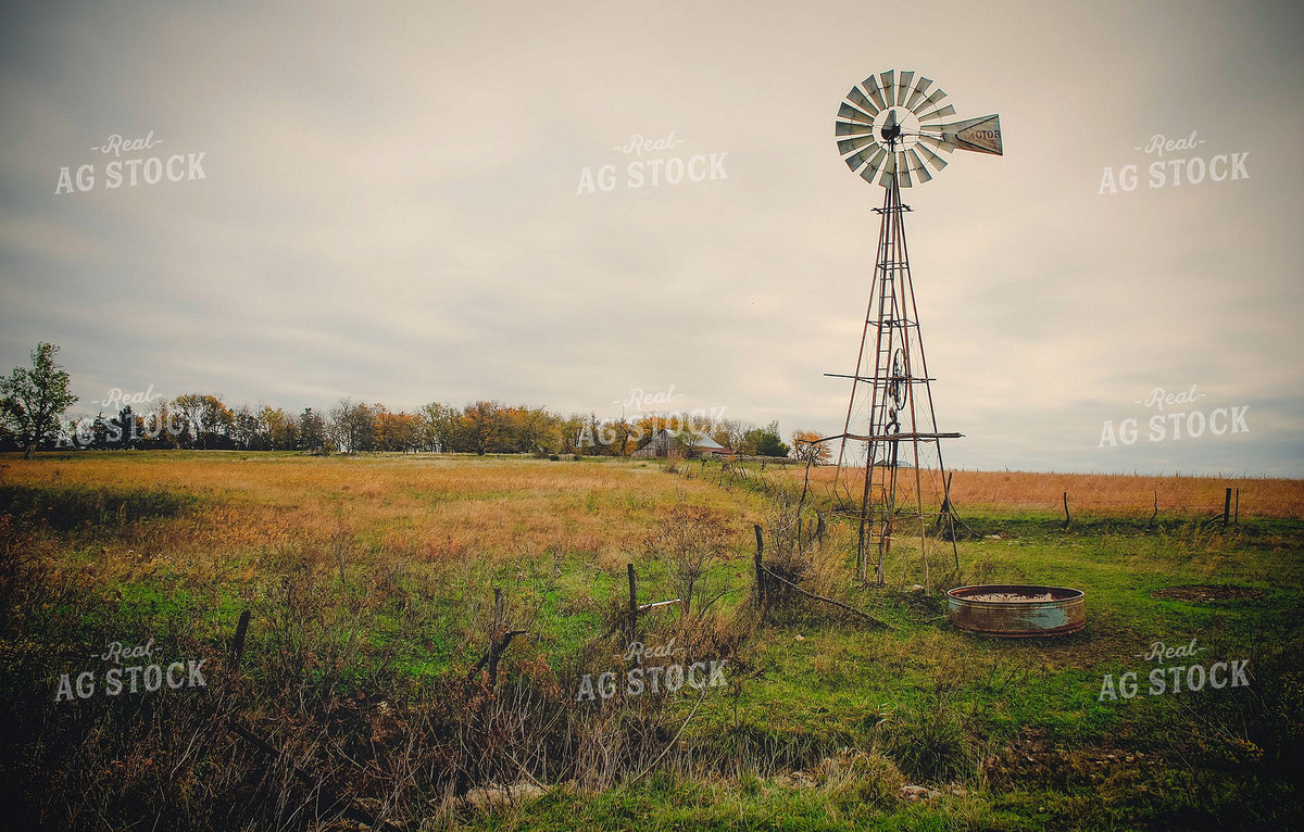 Vintage Windmill and Stock Tank on Autumn Pasture 404012