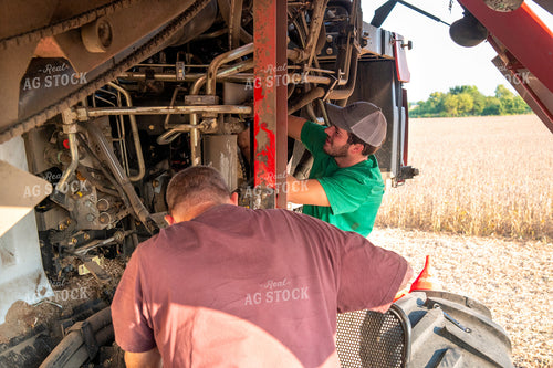 Multigenerational Farm Familiy Repairing Combine in a Bean Field 25440