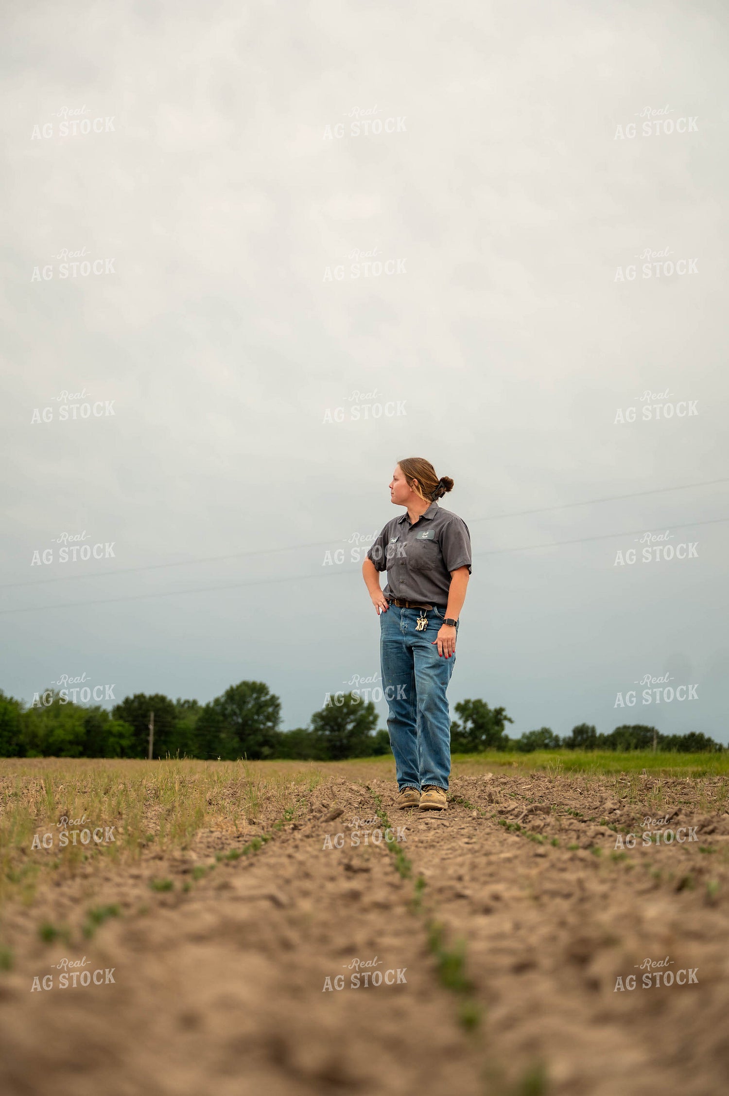 Female Farmer Checking Early Growth Soybeans 115727