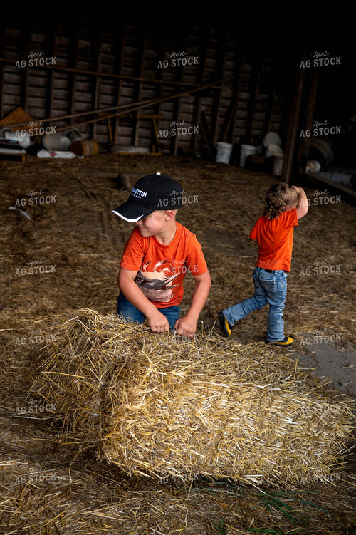 Farm Kid Moving Hay Bale 115820