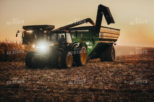 Combine and Auger Cart Harvesting Corn Field 5253