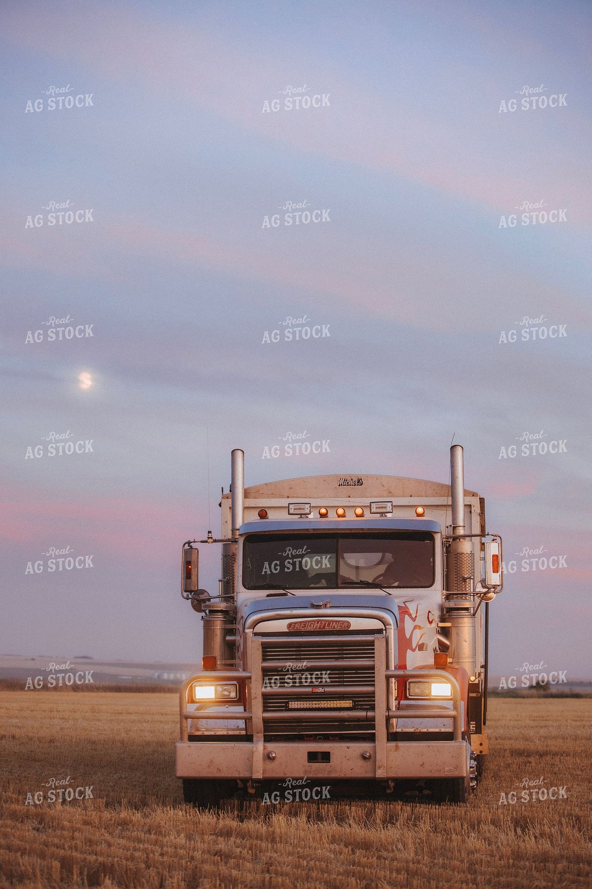 Freightliner Semi Truck Parked in Harvested Field at Dusk 413003
