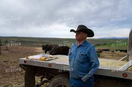Rancher in Jeans and Hat Standing Next to Truck on Ranch 65283