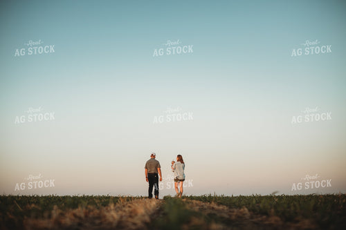 Farm Family Walking in Corn Field with Triticale Cover Crop at Sunset 5929