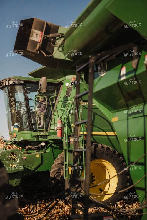Farm Kid Watching Corn Unload from Combine 115357