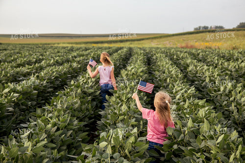 Farm Kids with American Flags in Soybean Field 67368