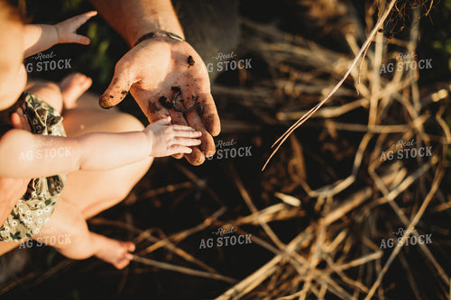 Farmer and Daughter with Earth Worm in Soybean and Rye Cover Crop Field 5902