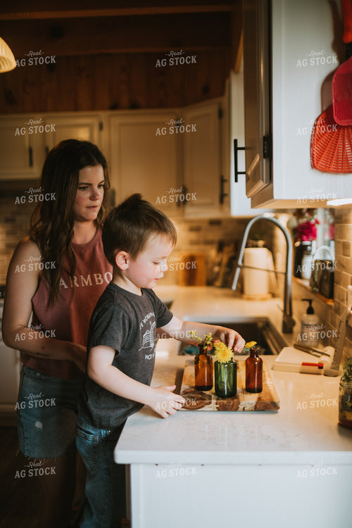 Farm Mom and Kid Arranging Wildflowers 5589