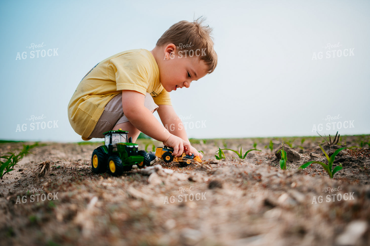 Young Boy Plays with Farm Toys in the Soil of a Freshly Planted Corn Field 56664
