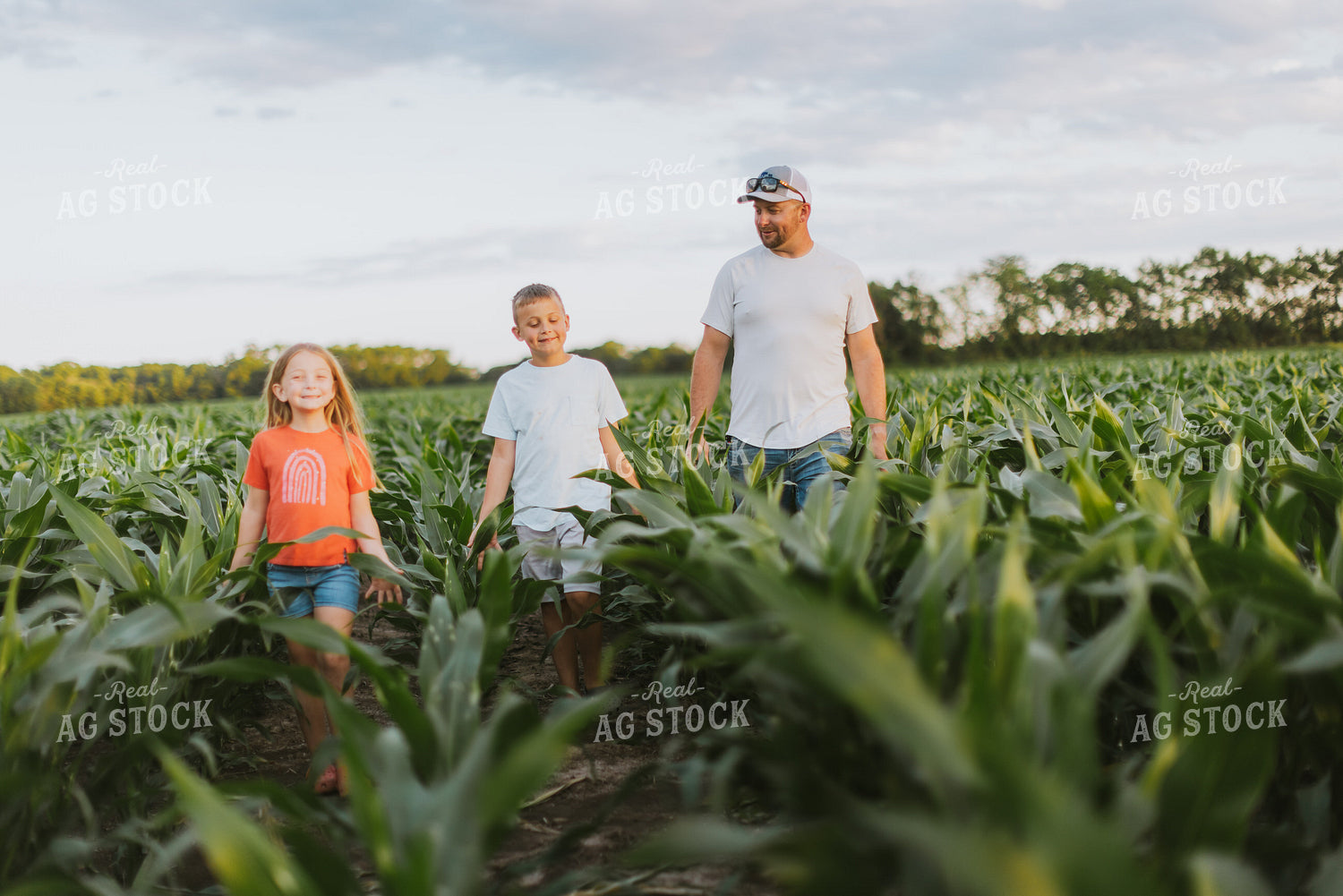 Farmer and Kids Checking Corn 8789