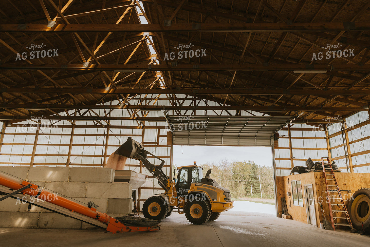 Tractor Loads Dry Feed in Storage Shed 7540