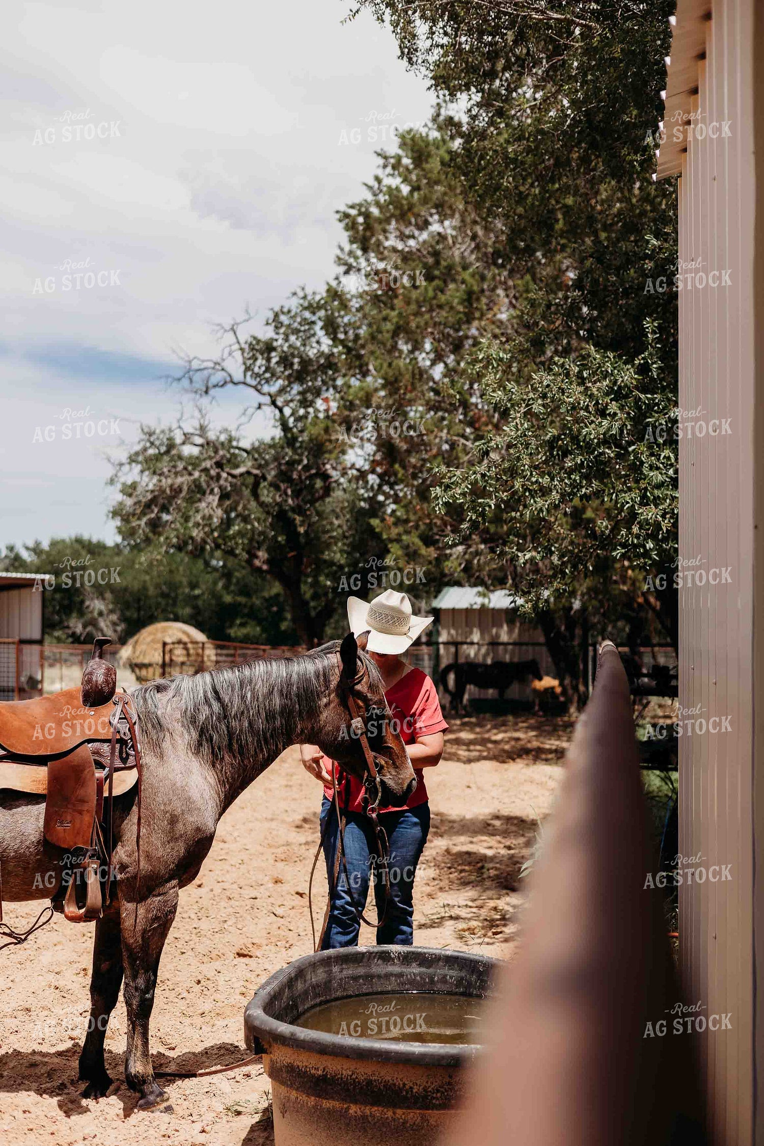 Cowgirl and Horse by Water Tank 281083
