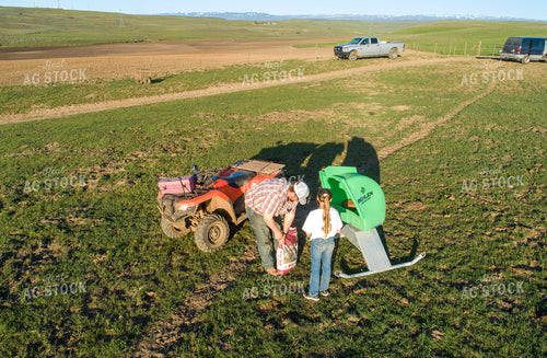 Aerial of Farmer and Daughter Feeding Cattle 122051
