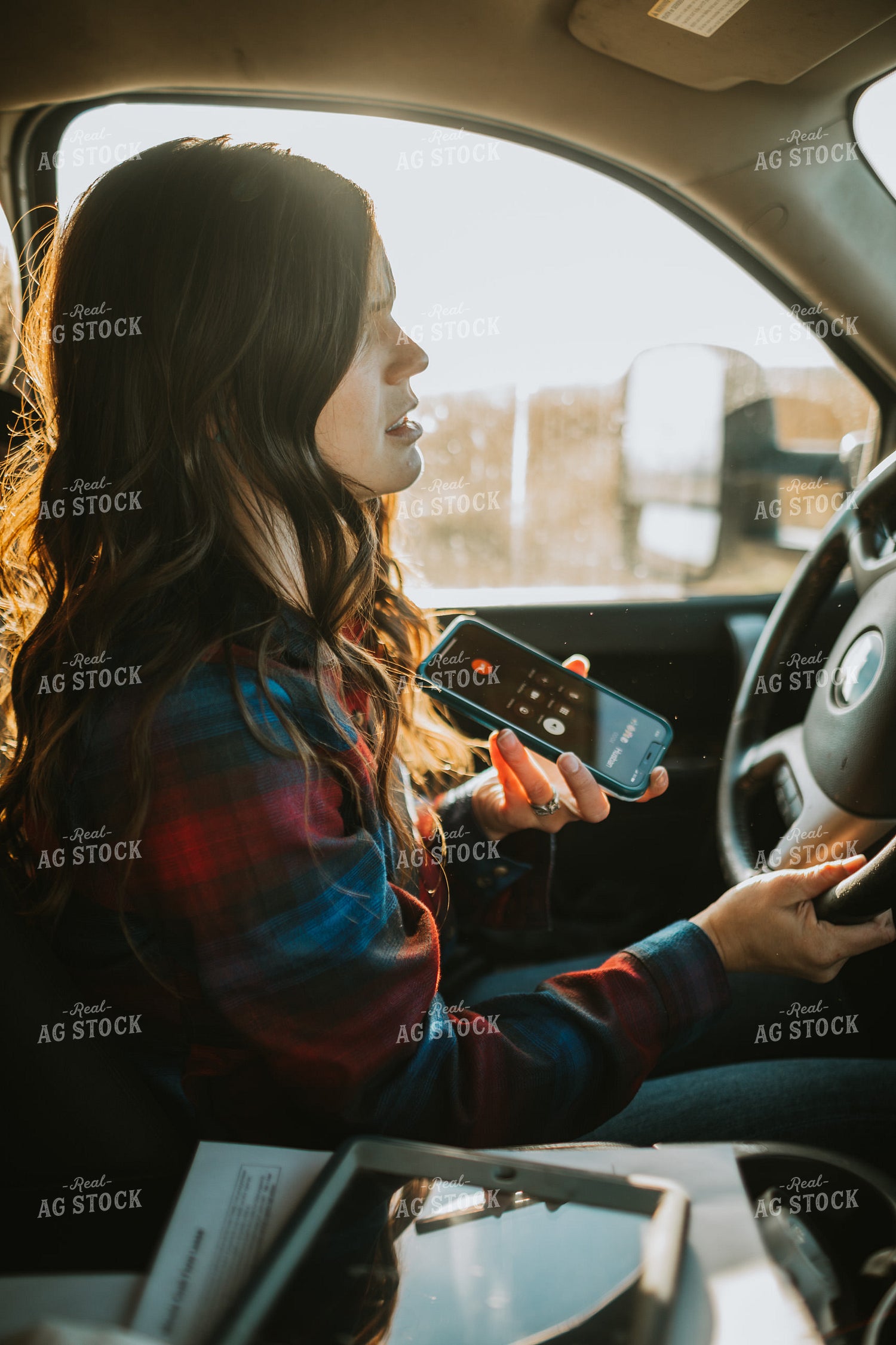 Farm Mom on Phone in Pickup Truck 5045