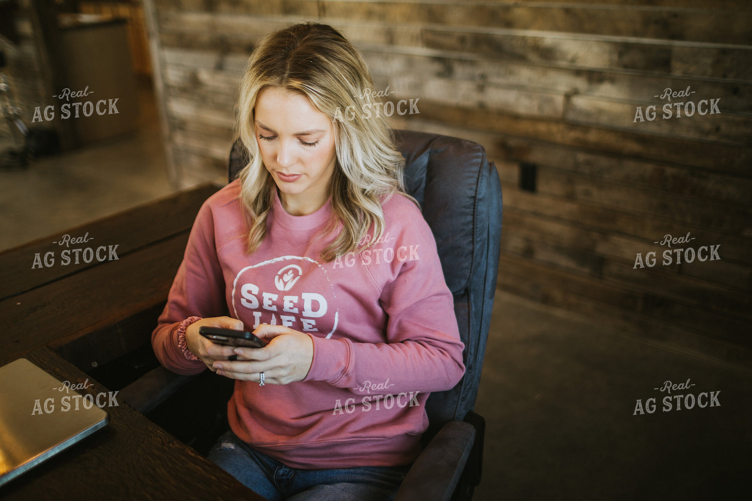Woman Working at Computer Texting on Phone 5311