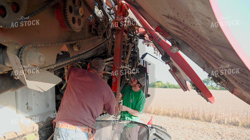 Multigenerational Farm Familiy Repairing Combine in a Bean Field 25512