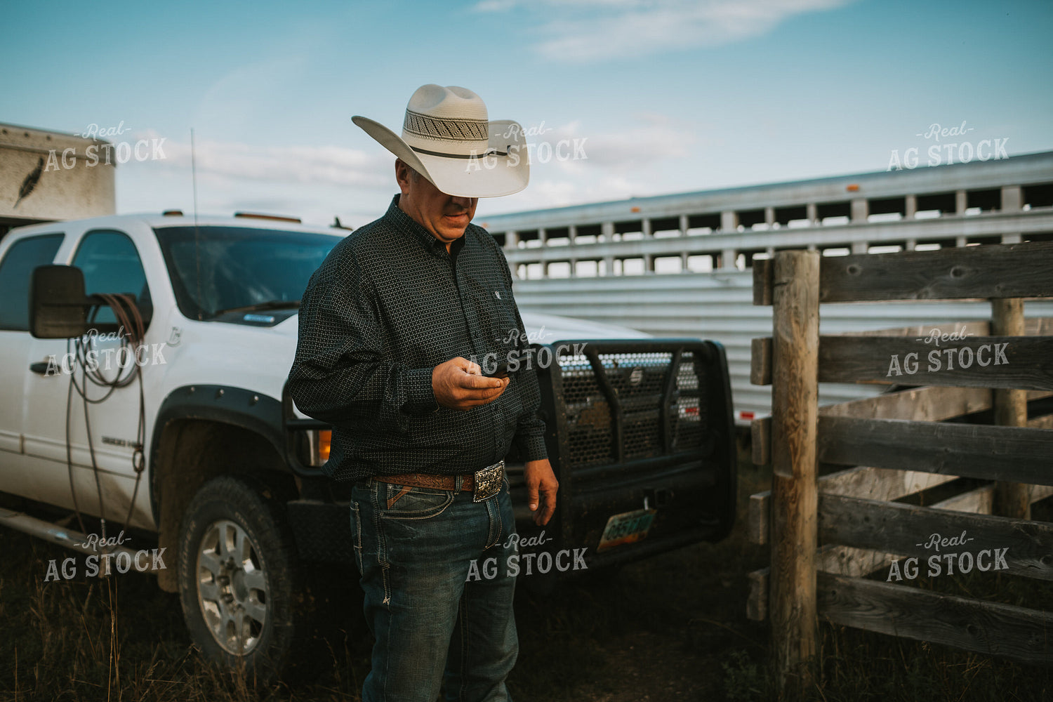 Rancher on Phone Near Pickup Truck 6492