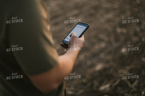 Young Farmer Looks at Phone in Field at Sunset 7733
