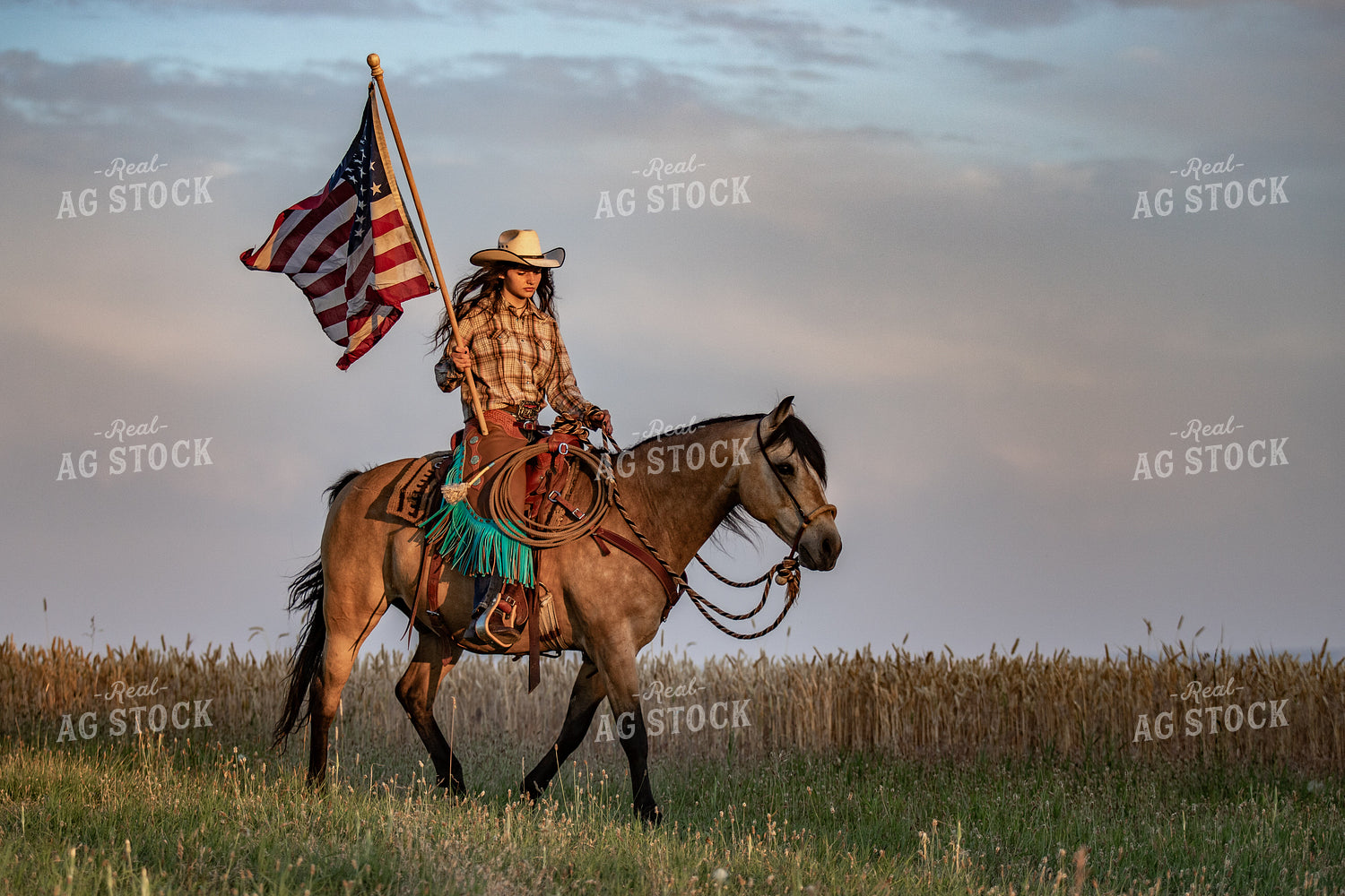 Female Rancher on Horseback with American Flag 188093