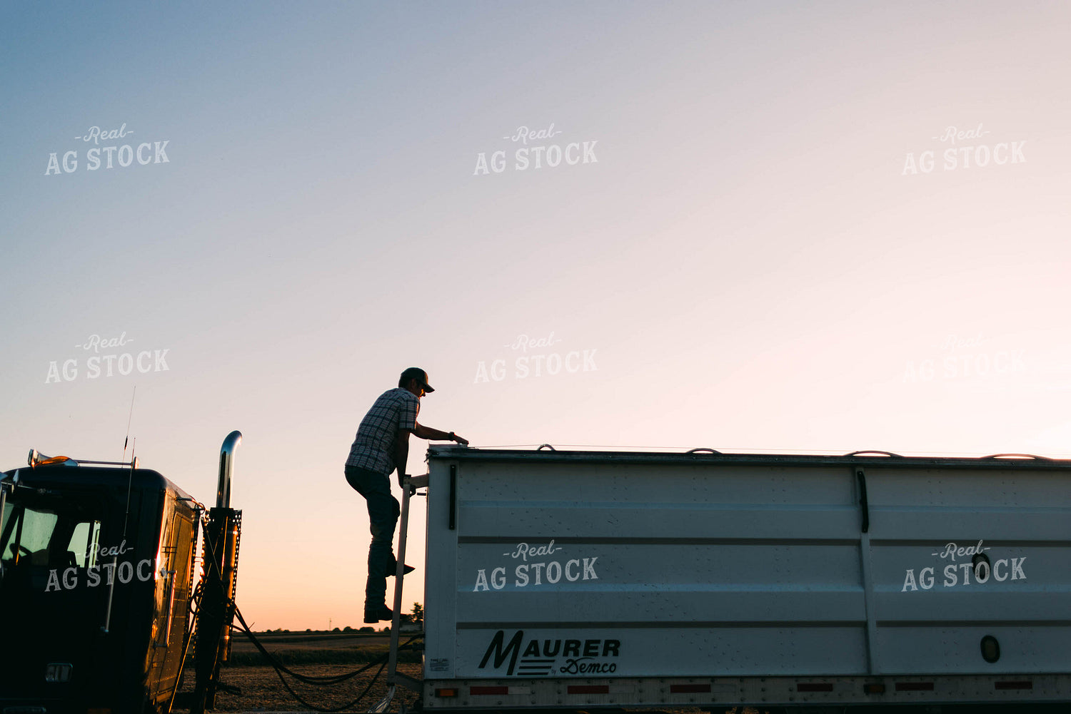 Farmer Climbing on Semi Trailer 8648
