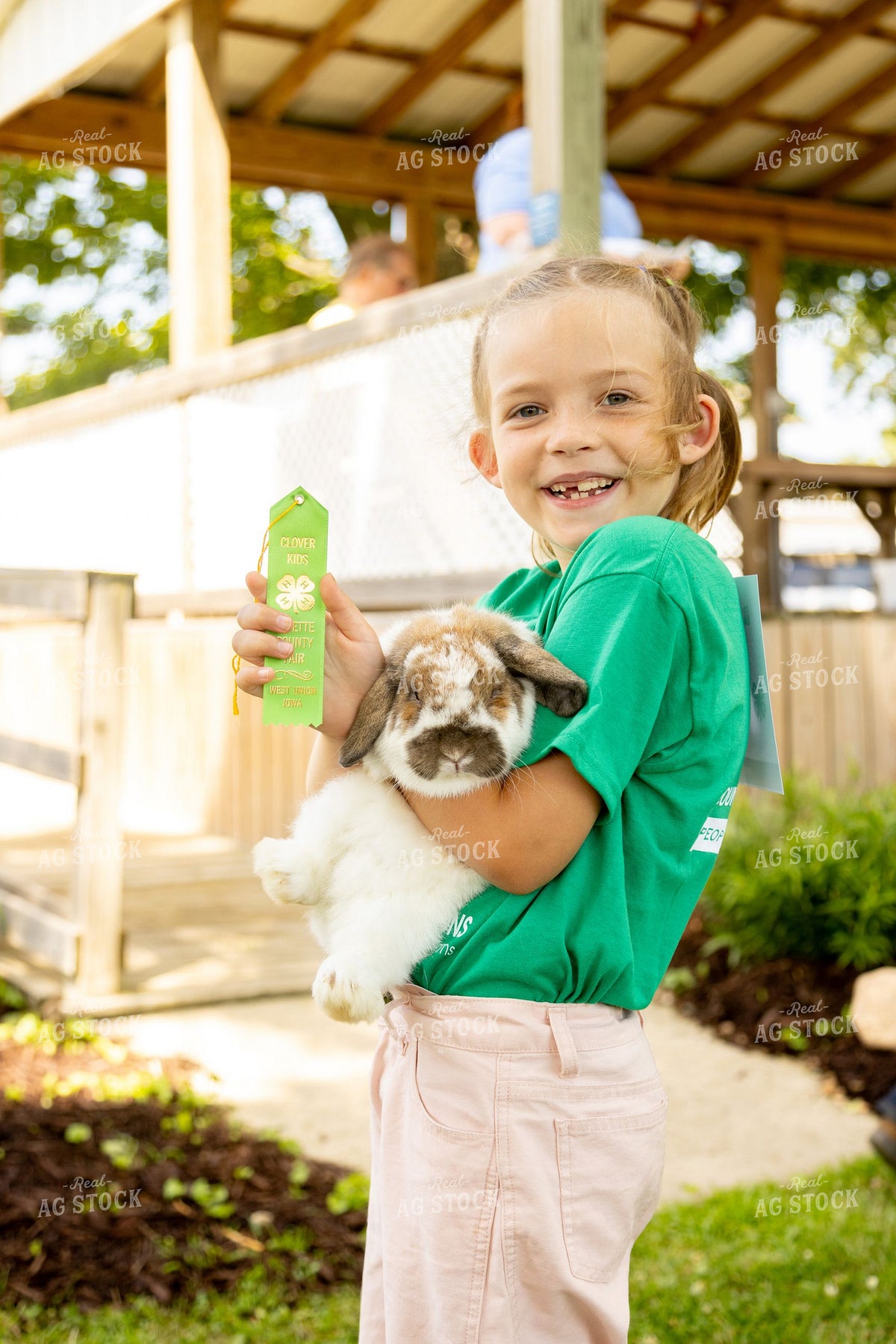 Young 4-H Girl Holds Rabbit and Show Ribbon at County Fair 405033