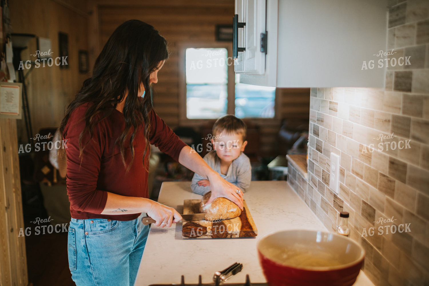 Farm Mom and Farm Kid Slicing Bread 5017