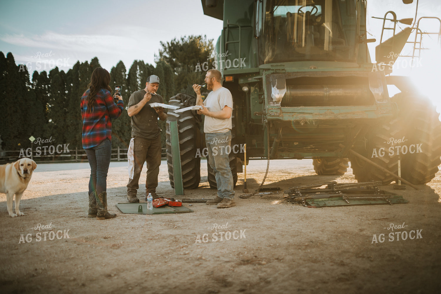 Farm Wife with Phone and Farmers While Working on Combine 5063