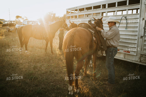 Rancher and Horse Near Livestock Trailer 6424