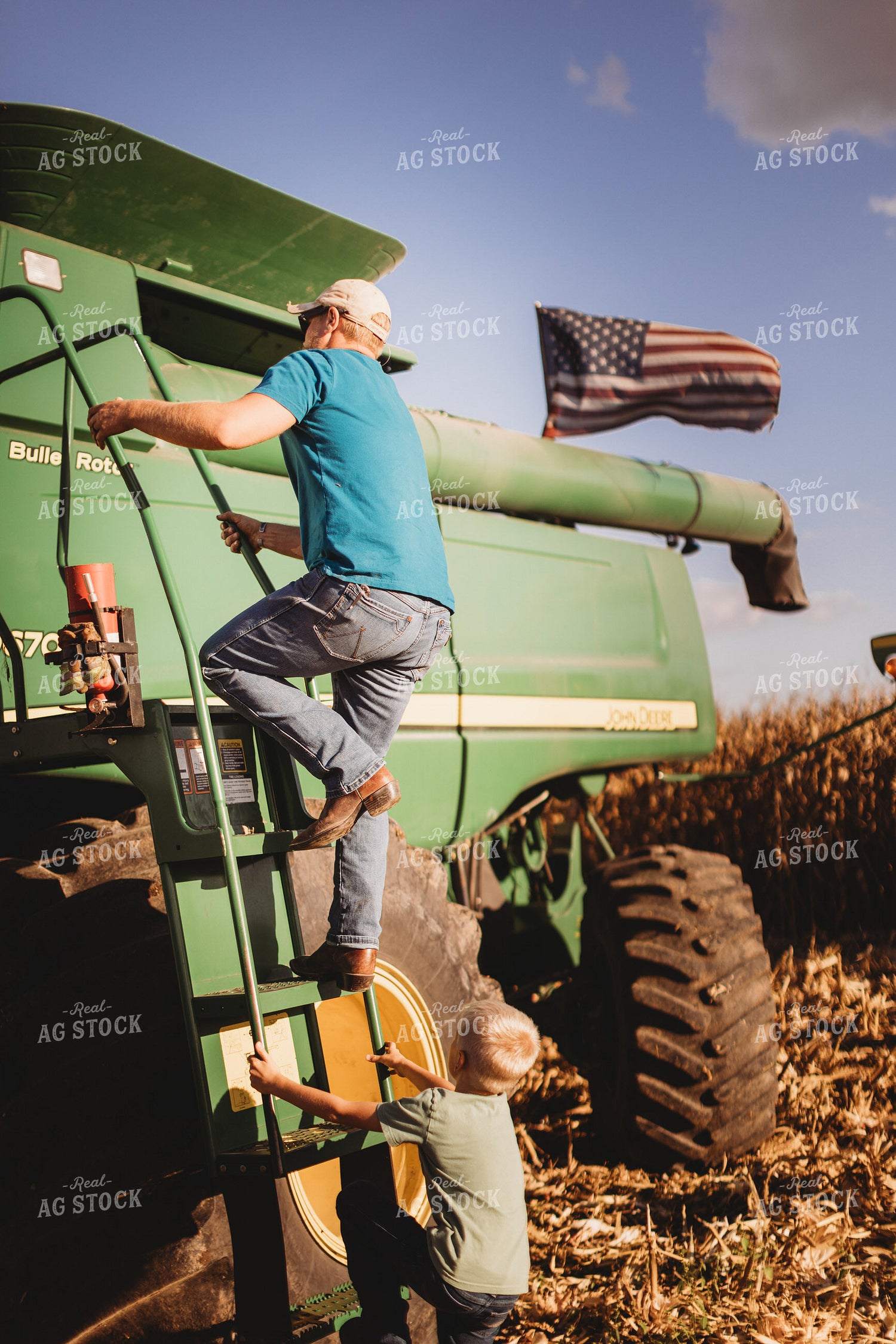 Farmer and Son Getting into Combine 9365