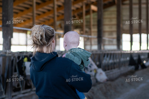 Female Farmer and Son with Holsteins in Barn 50496