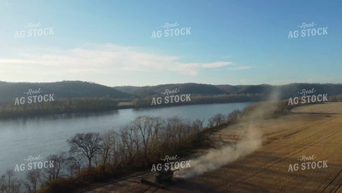 Harvesting Soybeans Along River Aerial 52581