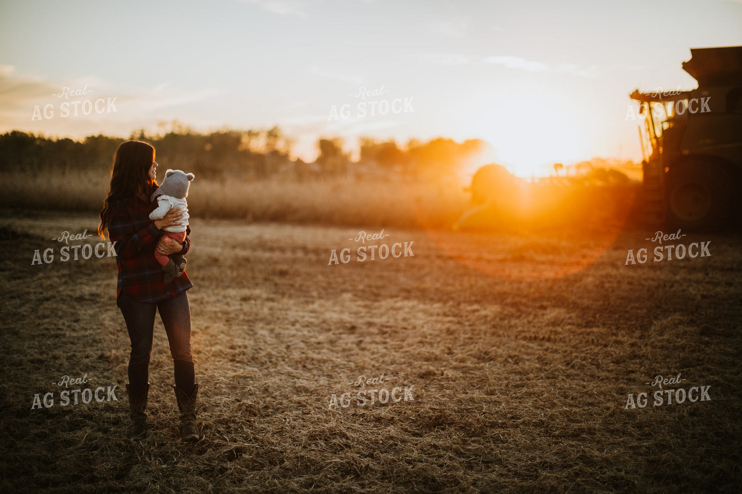 Farm Mom and Wife with Baby in Soybean Field with Combine 5107