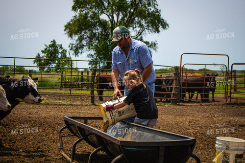 Farmer and Farm Kid Feeding Cattle 214154