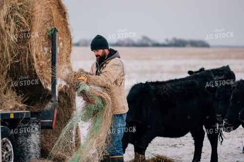 Rancher Removing Round Bale Wrap 53096