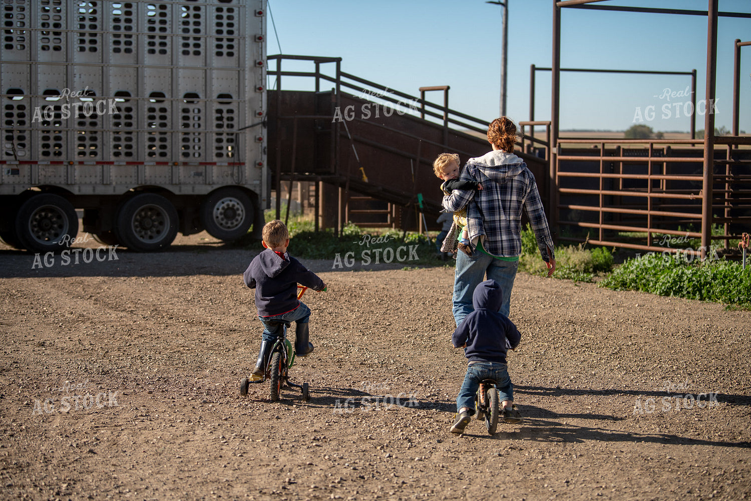 Female Rancher Walking with Farm Kids 212088