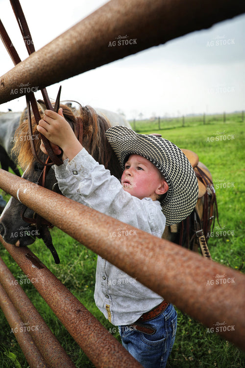 Ranch Kid Tying Bridle on Fence 210011