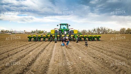 Farmer Checks Seed Depth Behind Planter with Farm Dog 56621