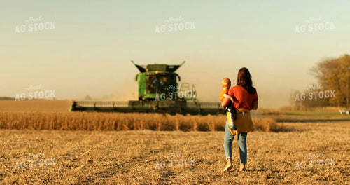 Farm Mom and Kid Waiting for Combine Harvesting Soybeans 7362