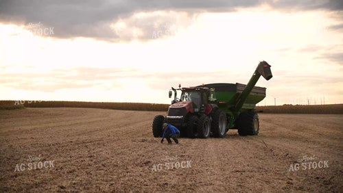Farmer Checking Soybean Residue to See if Combine is Cutting at the Correct Height - 504