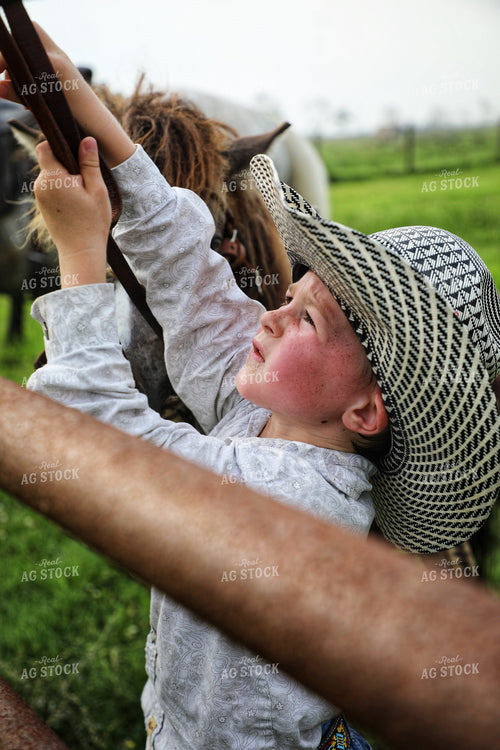 Ranch Kid Tying Bridle on Fence 210010