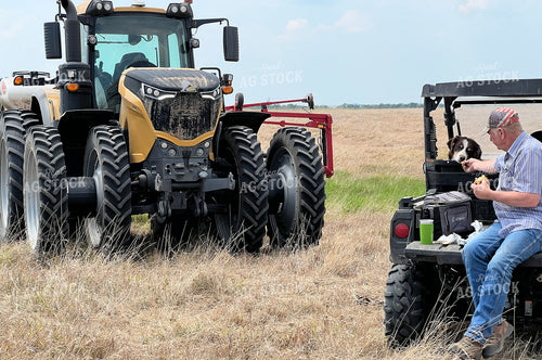 Farmer Feeds Farm Dog Bite of Field Meal in Side by Side 141004